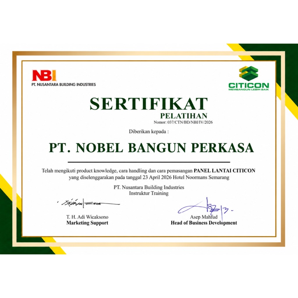 sertifikasi panel lantai citicon terpasang - pt nobel bangun perkasa